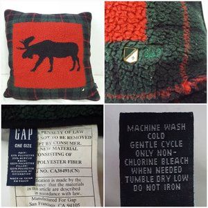 vtg GAP Fleece Throw Pillow Green Red Plaid w/ Moose Motif & Brass Logo